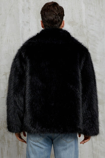 Black Fluffy Faux Fur Lapel Short Winter Men's Coat